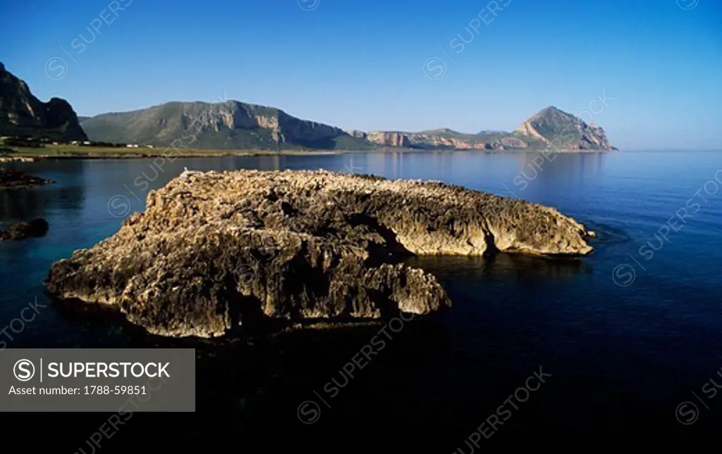 Island south of Punta Lunga, Gulf of Cofano, Sicily, Italy.