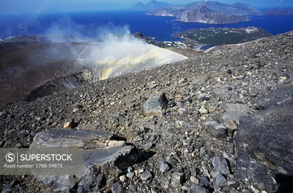 Fumaroles from Gran Cratere (The Great Crater) or Fossa di Vulcano on the island of Vulcano, Aeolian Islands or Lipari (UNESCO World Heritage List, 2000), Sicily, Italy.