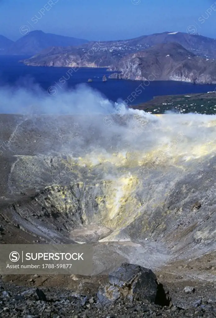Fumaroles from Gran Cratere (The Great Crater) or Fossa di Vulcano on the island of Vulcano, Aeolian Islands or Lipari (UNESCO World Heritage List, 2000), Sicily, Italy.