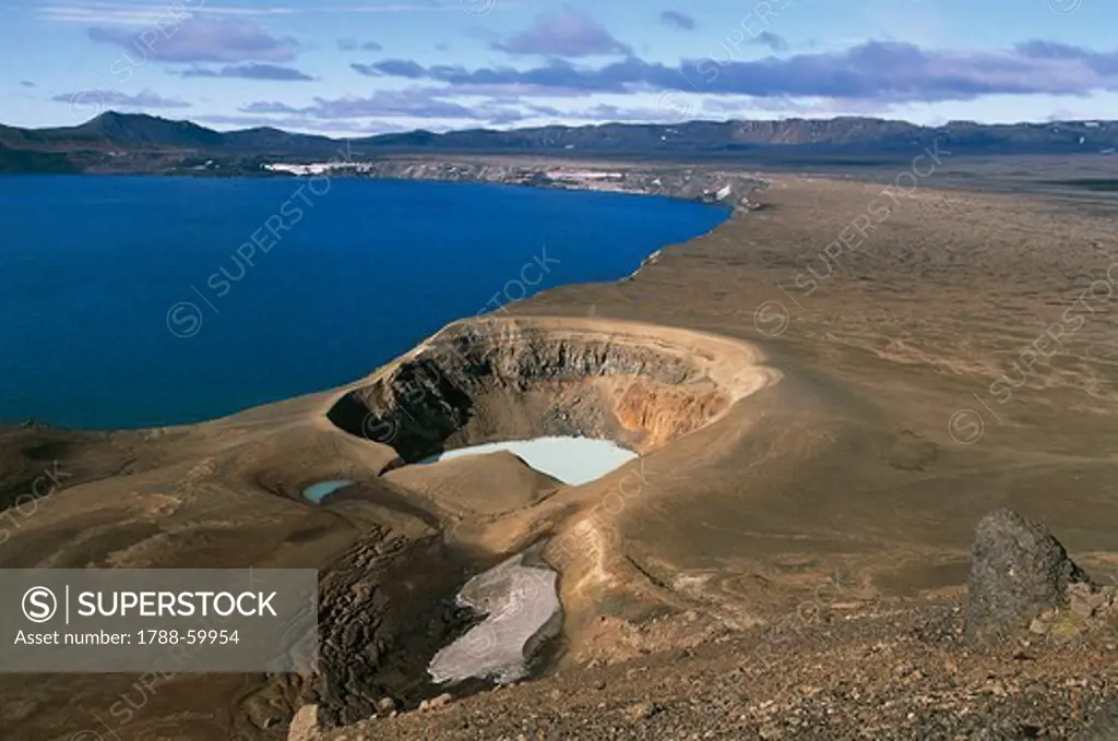 Askja Volcano and Viti crater with Lake Oskjuvatn in the background, Sudur-Thingeyjarsysla, Iceland.