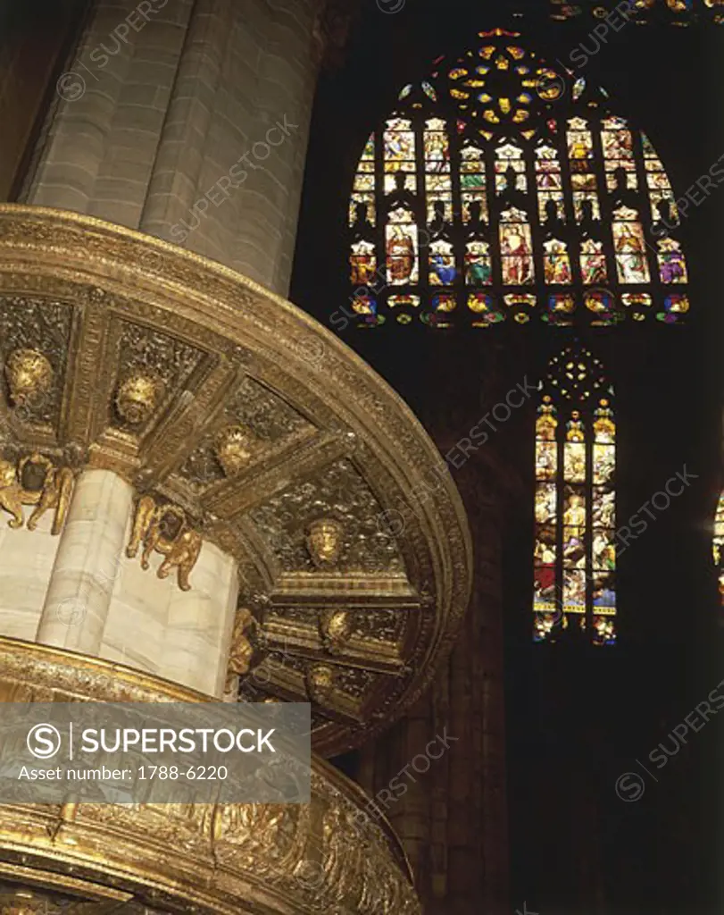 Italy - Lombardy region - Milan. Cathedral, southern pulpit and glass window with prophets and saints round the risen Christ