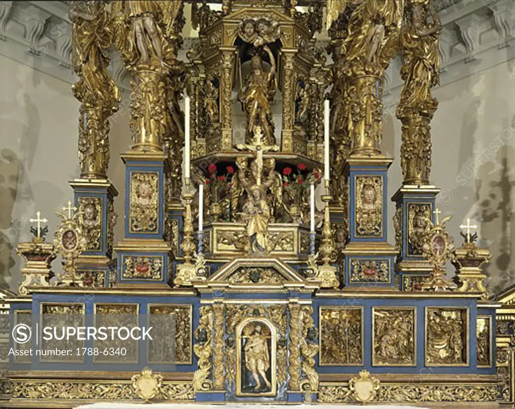 Italy - Piedmont region - Alagna Valsesia (Vercelli province). Parish church, detail of the altar