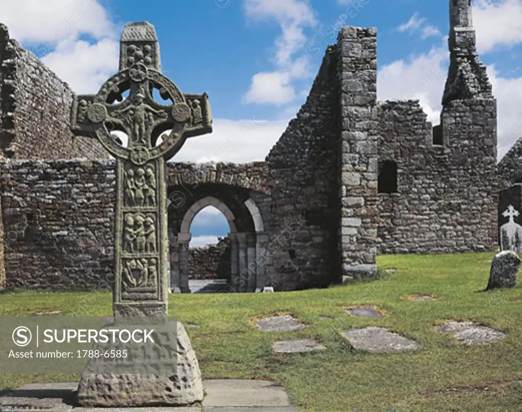 Ireland - County Offaly - Clonmacnoise. Celtic cross bears Passion scenes, AD 10th century