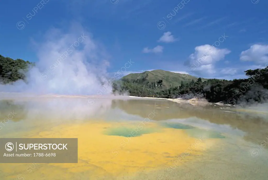 Steam rising from a champagne pool, Waiotapu Thermal Park, Rotorua, New Zealand