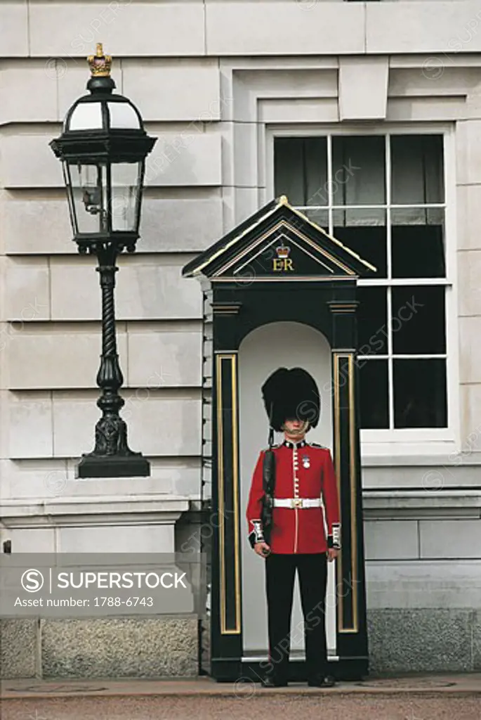 Guard standing at the gate, Buckingham Palace, London, England