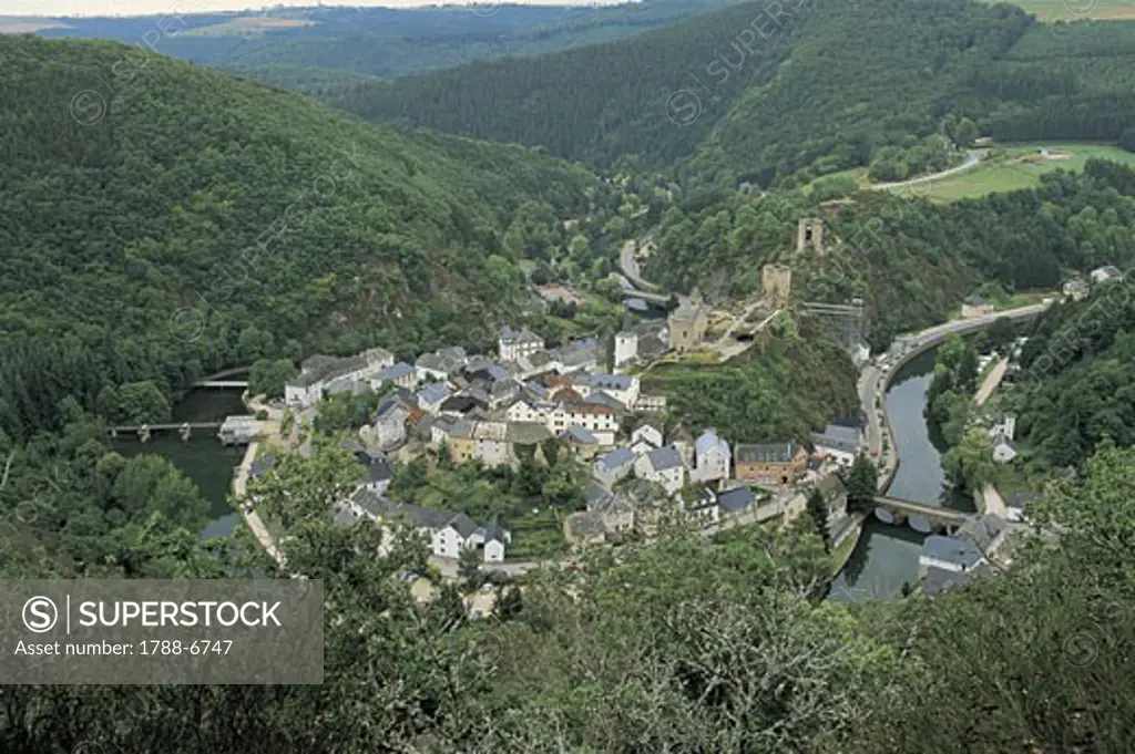 Aerial view of a town in a valley, Esch-Sur-Sure, Luxembourg