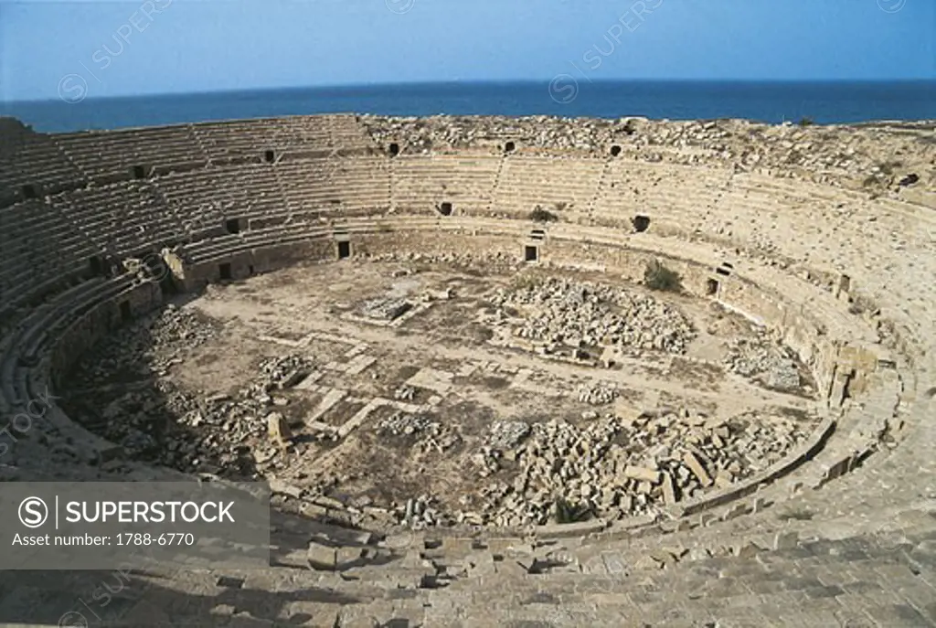 Libya - Tripolitania. Leptis Magna Archaeological Site (UNESCO World Heritage List, 1982). Amphitheater  outside the walls