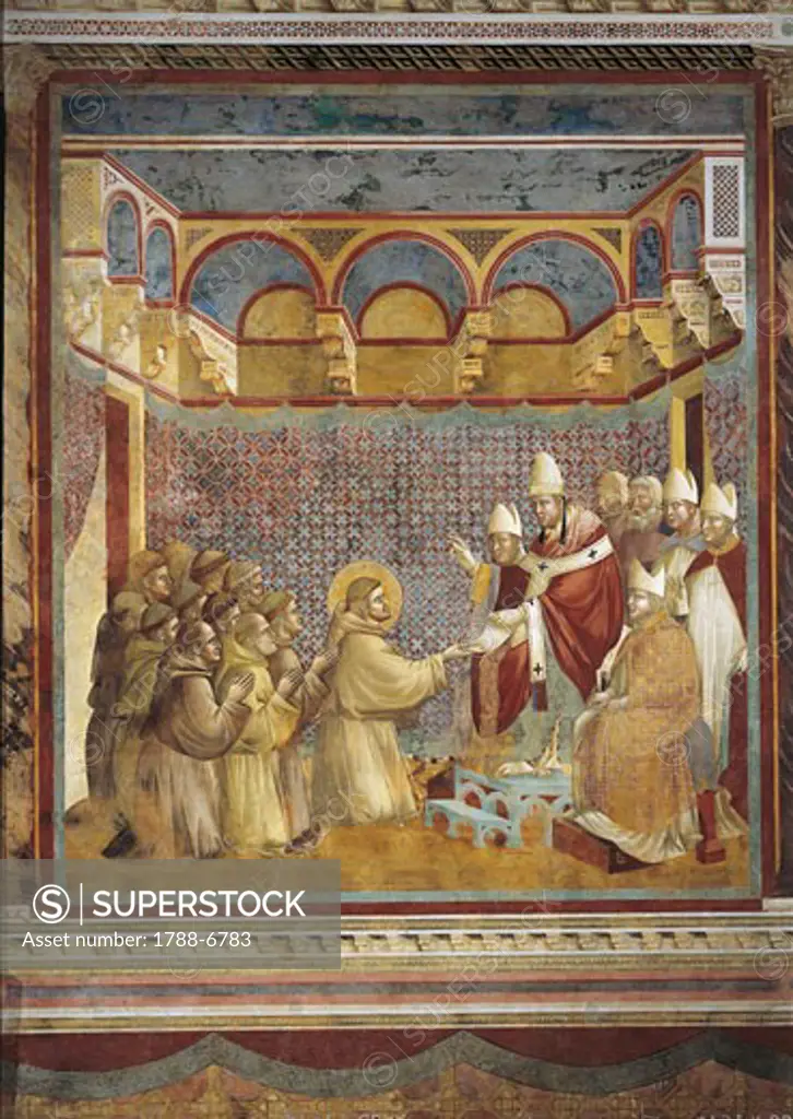 Italy - Umbria Region - Perugia. Assisi in the province of Perugia (PG), Basilica of San Francesco d'Assisi (St. Francis), upper church. Giotto, Life of St. Francis: Pope Innocent III approves Franciscan Primitive rule. Detail with pope and clerics. Fresco, 1297-99