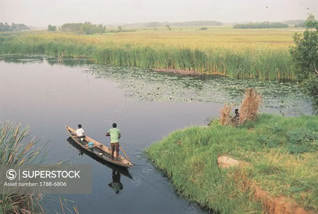 High angle view of a man rowing a rowboat in a river, Volta River, Ghana