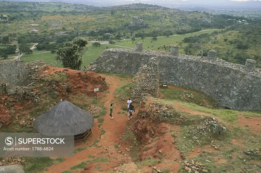 High angle view of ruins of a fortified wall, Great Zimbabwe, Zimbabwe