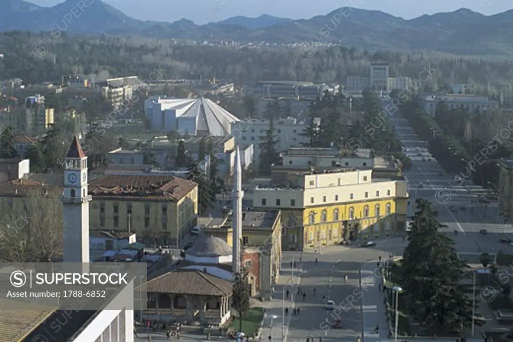 High angle view of buildings in a city, Tirana, Albania