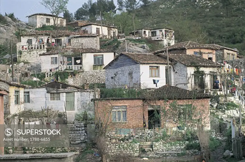 Low angle view of houses on a hill, Shkoder, Albania