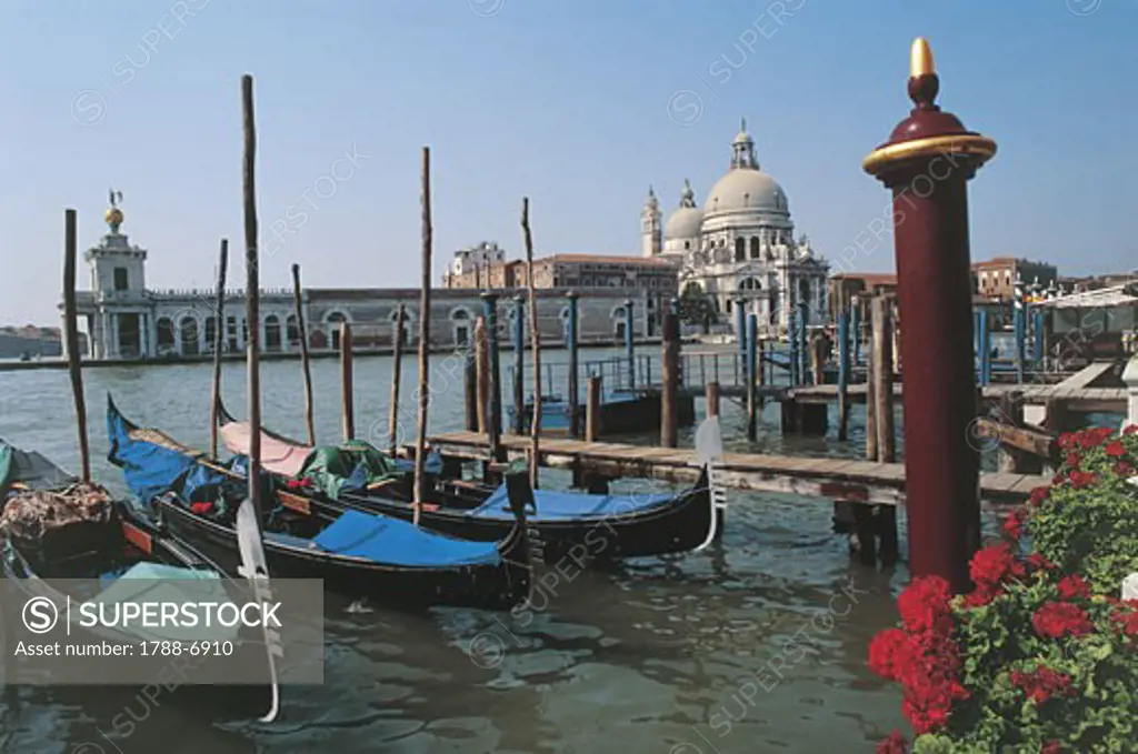 Gondolas moored at a canal, Santa Maria Della Salute, Venice, Veneto, Italy