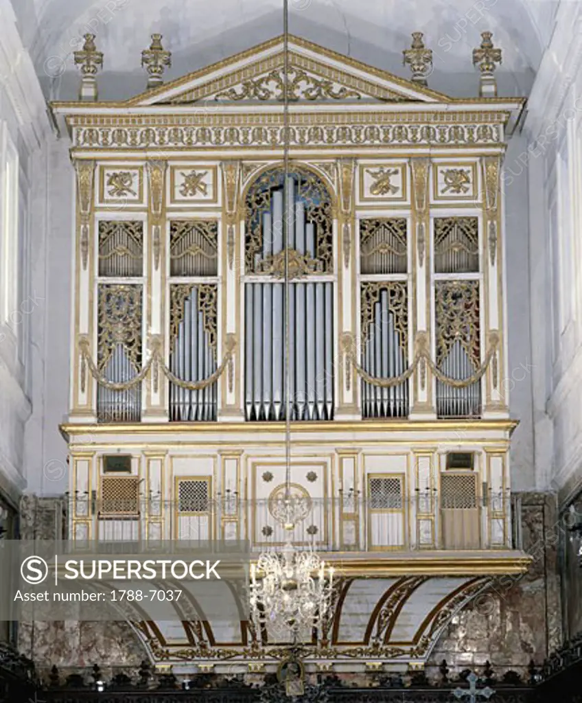 Low angle view of a pipe organ in a church, San Martino Abbey, Sicily, Italy