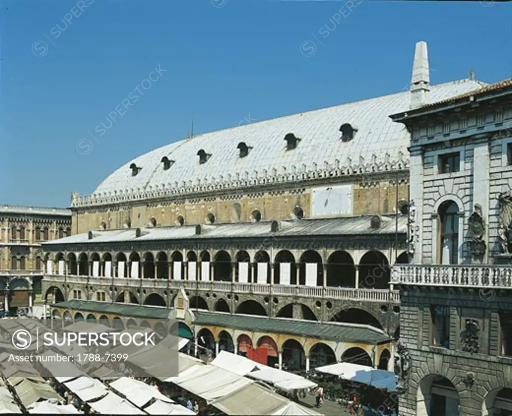High angle view of a market square, Erbe Square, Padova, Veneto, Italy