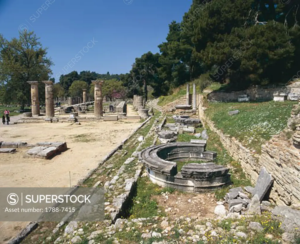Greece - Western Greece - Olympia. Nymphaeum of Herodes Atticus and temple of Hera