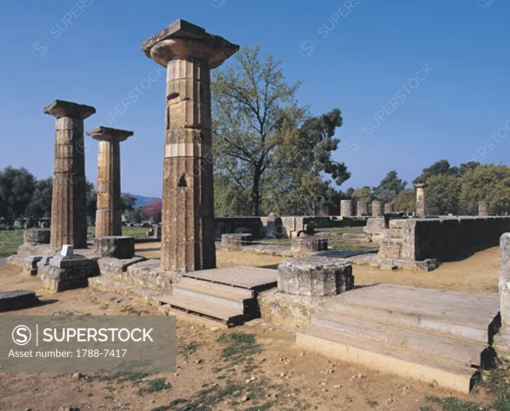 Old ruins of a temple, Temple Of Hera, Olympia, Greece
