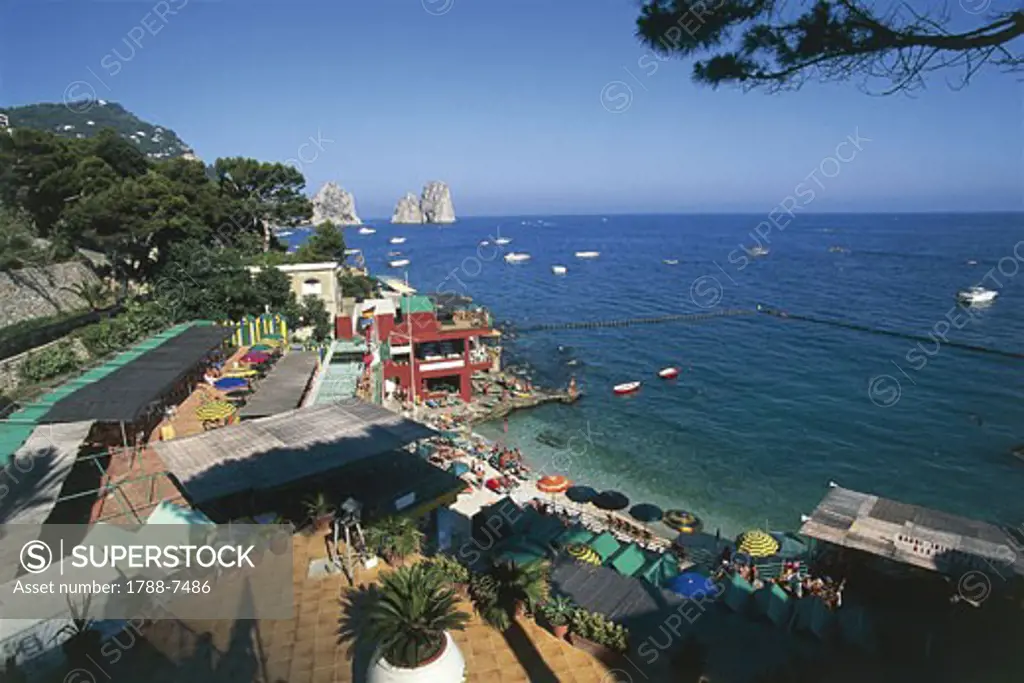 Tourist resorts on the beach, Marina Piccola, Capri, Campania, Italy