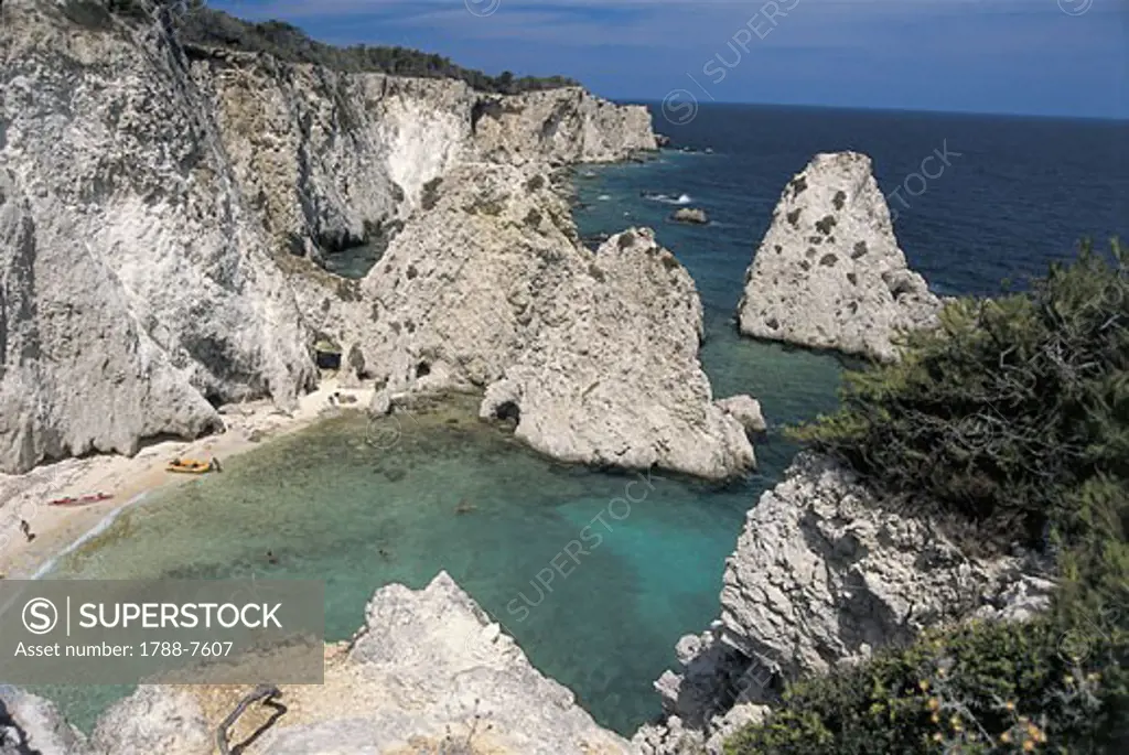 Rock formations on the coast, Cala Del Diamante, San Domino Island, Gargano National Park, Puglia, Italy