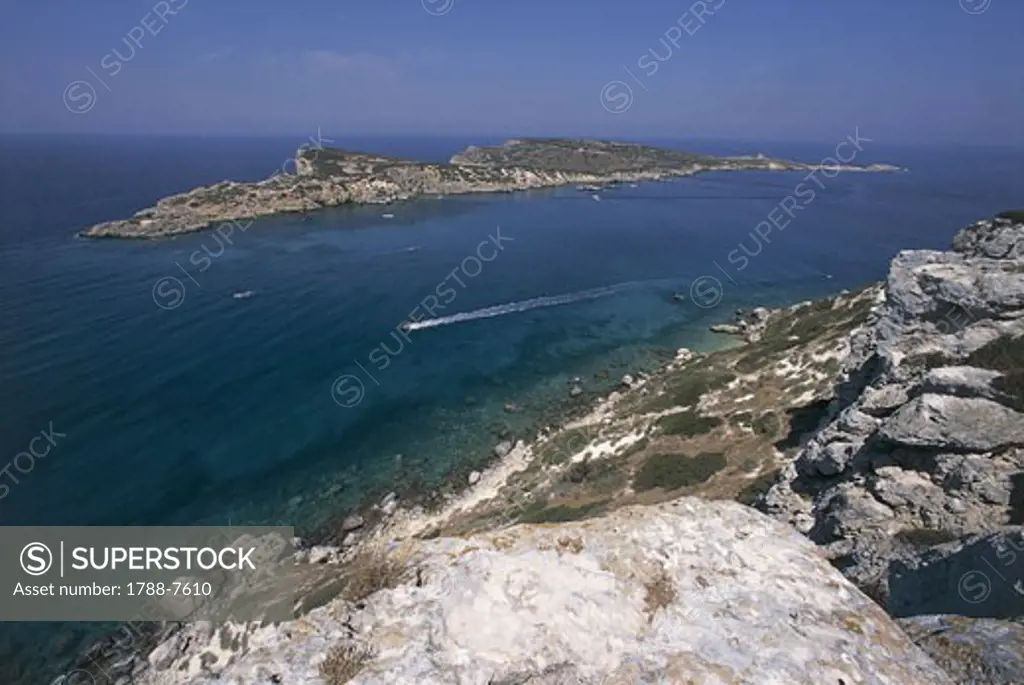 High angle view of rock formations at the coast, Gargano National Park, San Nicola Island, Capraia Island, Puglia, Italy
