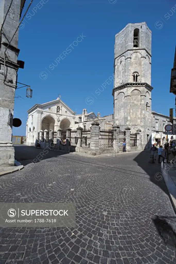 Low angle view of a bell tower, St Michael's Church, Monte Sant'Angelo, Gargano National Park, Puglia, Italy