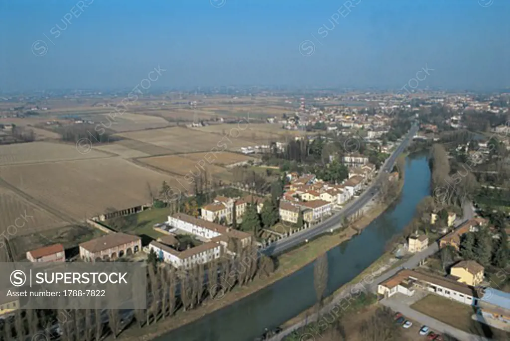 High angle view of a river flowing through a city, Brenta River, Dolo, Veneto, Italy