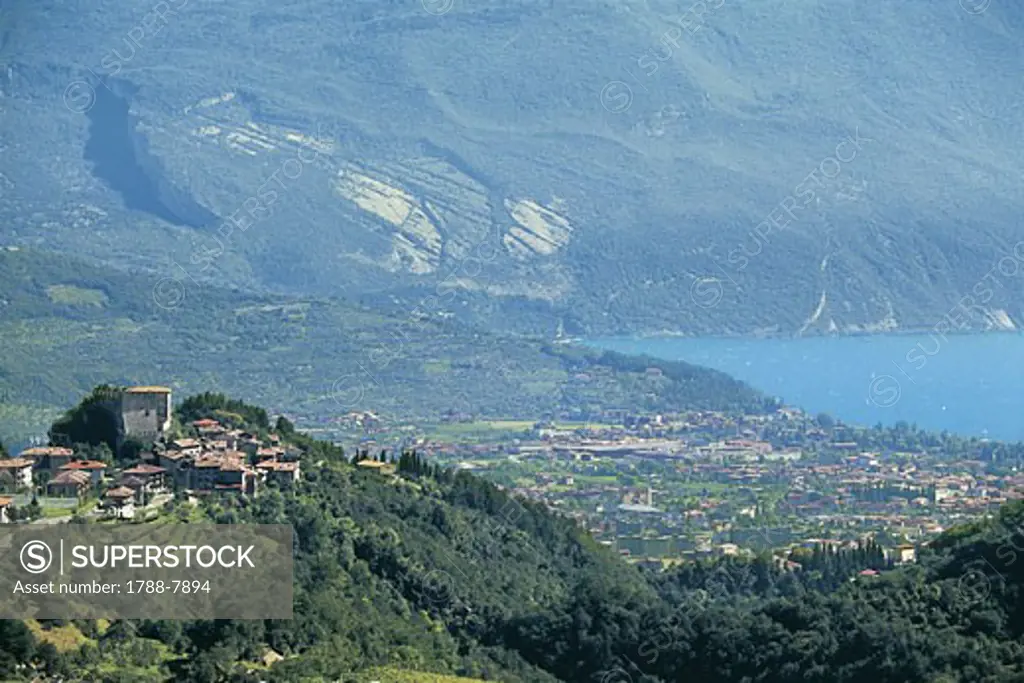 High angle view of buildings on a hill, Tenno, Riva Del Garda, Trentino, Italy