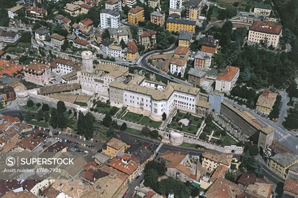 Aerial view of buildings in a city, Buonconsiglio Castle, Trento, Trentino, Italy