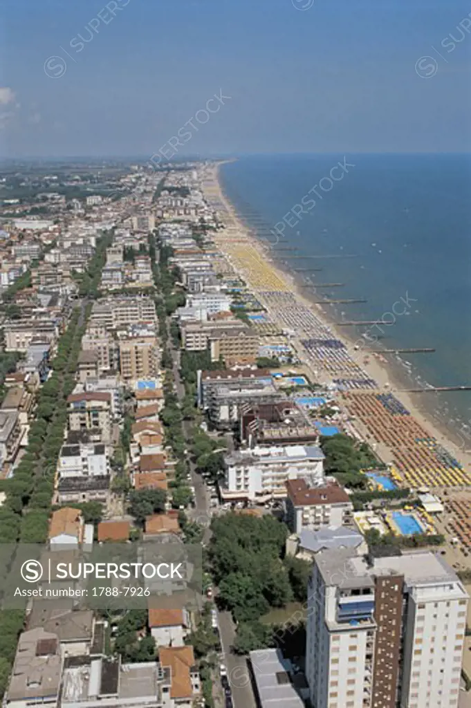 High angle view of buildings at the waterfront, Lido Di Jesolo, Veneto, Italy