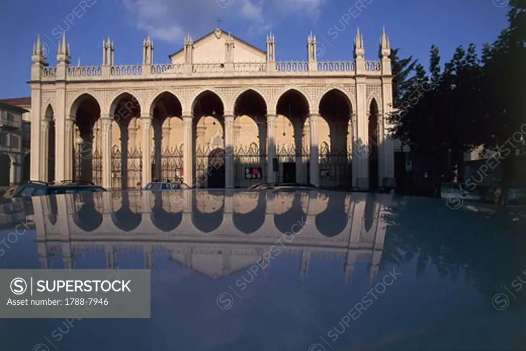 Reflection of a cathedral in water, Biella, Piedmont, Italy