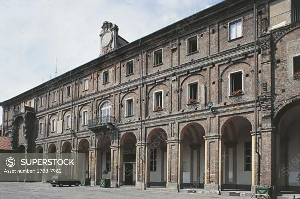 Car in the courtyard of a building, Town Hall, Chivasso, Piedmont, Italy