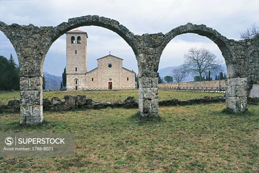 Facade of a bell tower along a church, San Vincenzo Al Volturno, Molise, Italy
