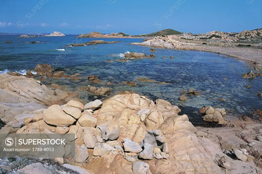 Panoramic view of a coastline, Trinita Beach, La Maddalena Islands, Sardinia, Italy