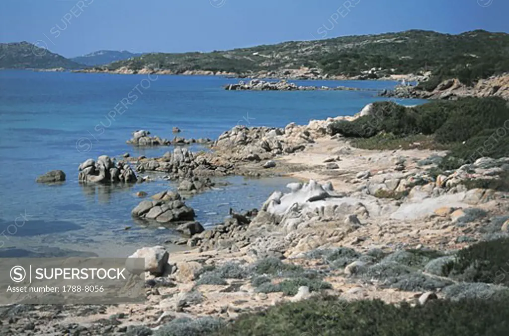 Panoramic view of a coastline, Capraia Island, La Maddalena Islands, Sardinia, Italy