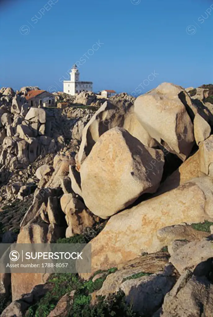 Lighthouse on a rocky area, Capo Testa, Sardinia, Italy