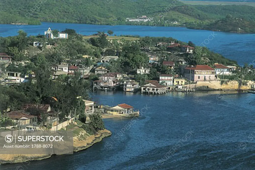 High angle view of houses at the coastline, Cayo Granma, Santiago de Cuba, Cuba