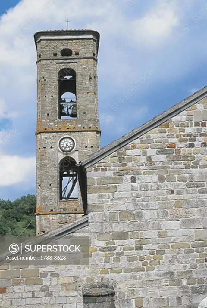 Low angle view of a bell tower, Abbey Of St. Peter, Camaiore, Versilia, Tuscany, Italy