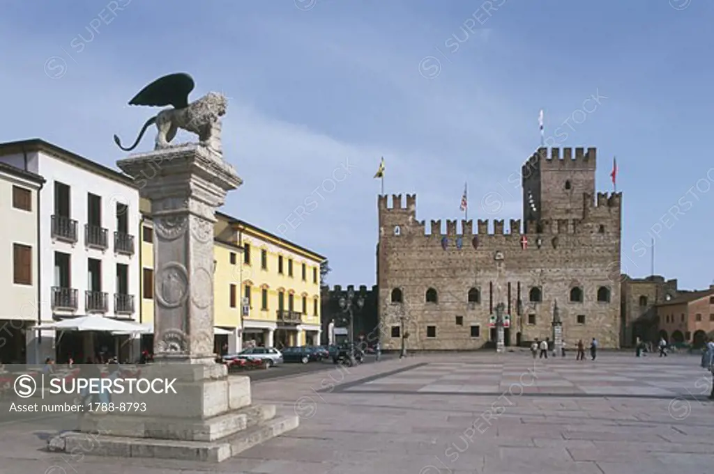 Statue in a castle square, Lower Castle, Marostica, Veneto, Italy