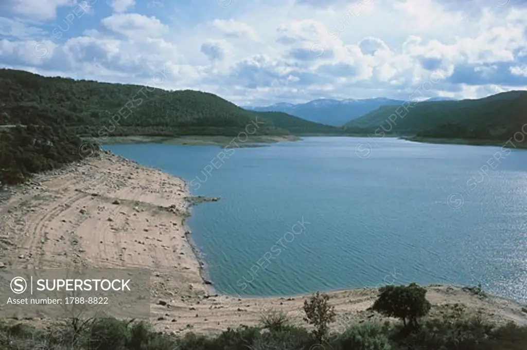 Lake in front of mountains, Gusana Lake, Gennargentu National Park, Gulf of Orosei, Sardinia, Italy