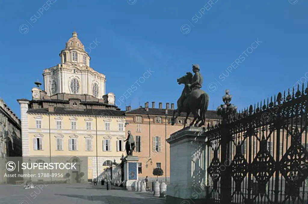 Statue in front of a building, St. Lawrence Church, Piazza Castello, Turin, Piedmont, Italy