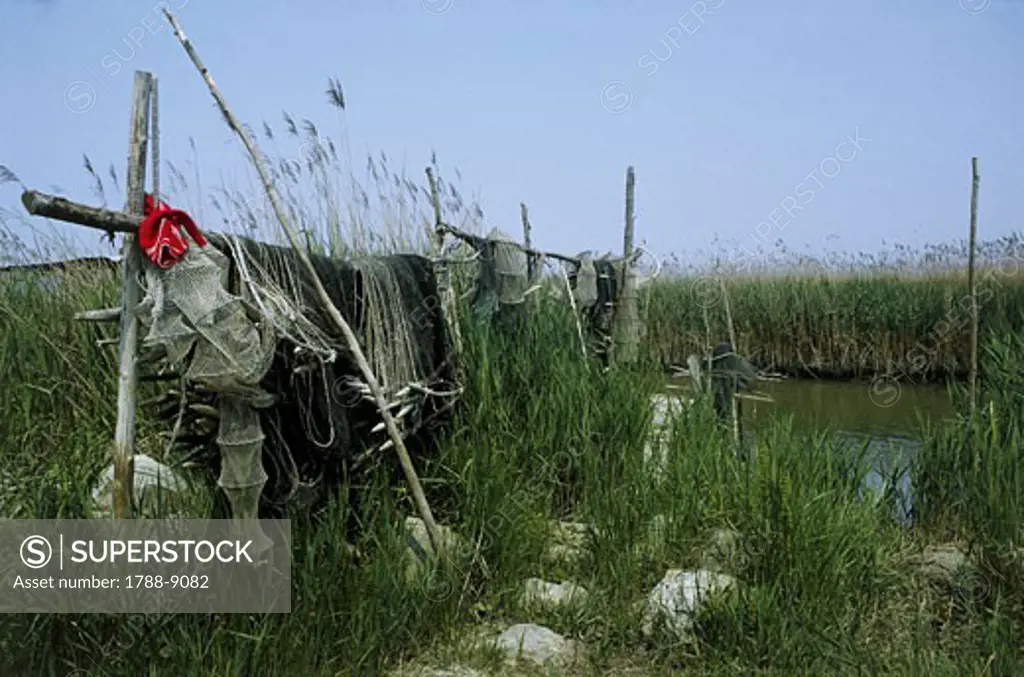 Italy, Veneto Region, Nature Park of Po Delta (Bocche di Po), Po di Pila, tools for fishing in grass