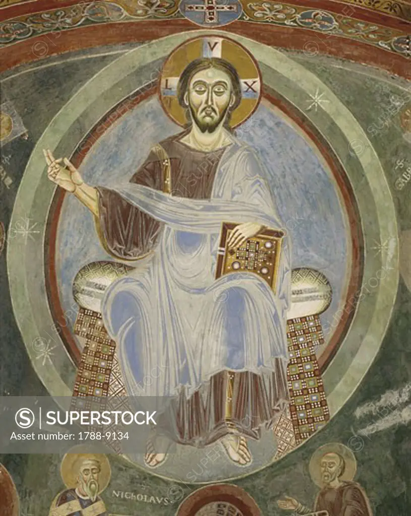 Italy - Piedmont Region - Novalesa (Turin province). Novalesa Abbey. Chapel of Sts. Heldrad and Nicholas. Christ Pantocrator. Romanesque fresco in Byzantine style, late 11th century. Detail