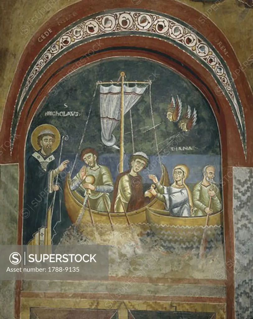 Italy - Piedmont Region - Novalesa (Turin province). Novalesa Abbey. Chapel of Sts. Heldrad and Nicholas. Life of St. Nicholas. Apparition of St. Nicholas to shipwrecked travellers. Romanesque fresco in Byzantine style, late 11th century. Detail