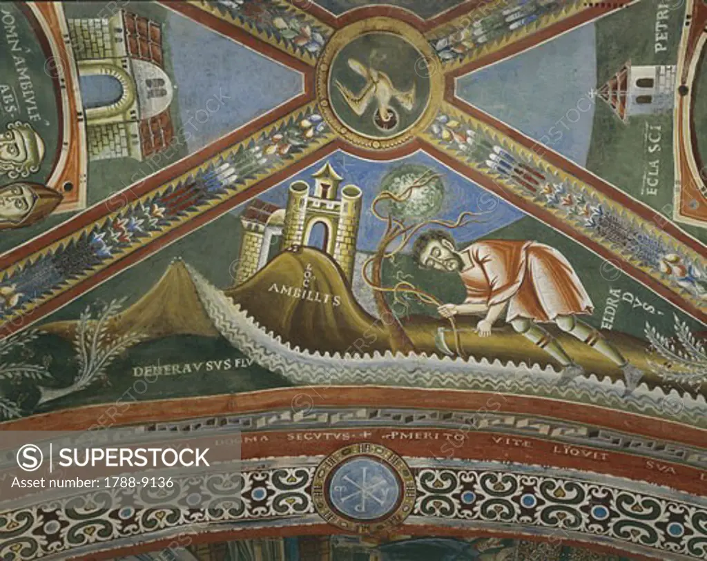 Italy - Piedmont Region - Novalesa (Turin province). Novalesa Abbey. Chapel of Sts. Heldrad and Nicholas. Life of St. Heldrad. Heldrad tilling the soil at Ambilly, Provence. Detail of Romanesque fresco in Byzantine style, late 11th century