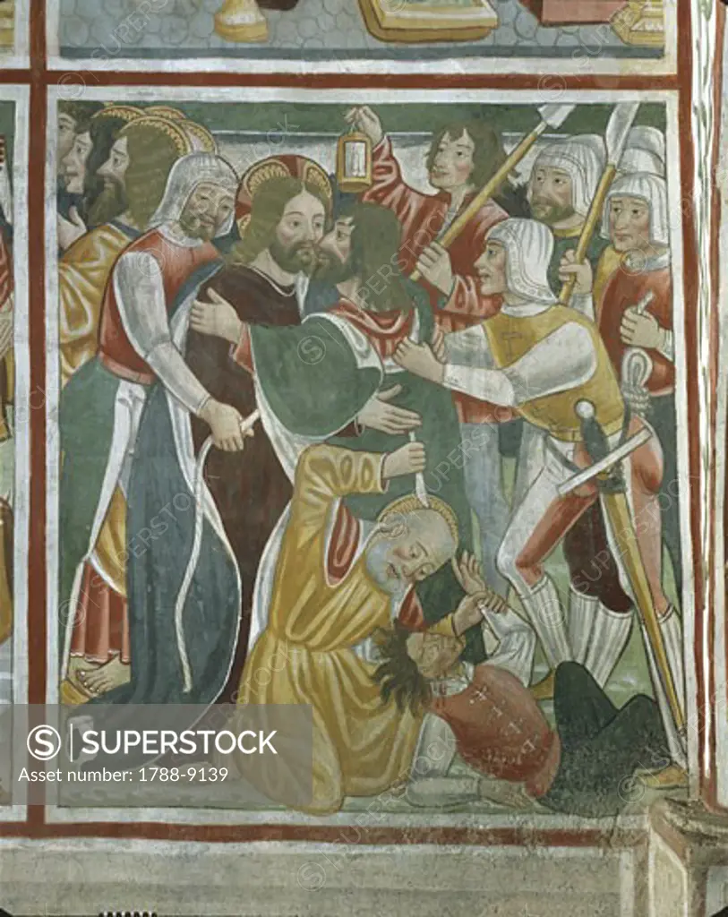 Italy - Piedmont Region - Momo (Novara province). Trinity Church. Biblical imagery 'Biblia Pauperum'.  'Kiss of Judas' by Francesco and Sperindio Cagnoli.  Detail of fresco, 15th century