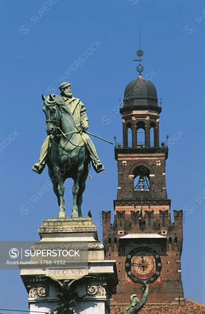 Italy - Lombardy Region - Monument to Garibaldi and the Sforza Castle - Filarete tower