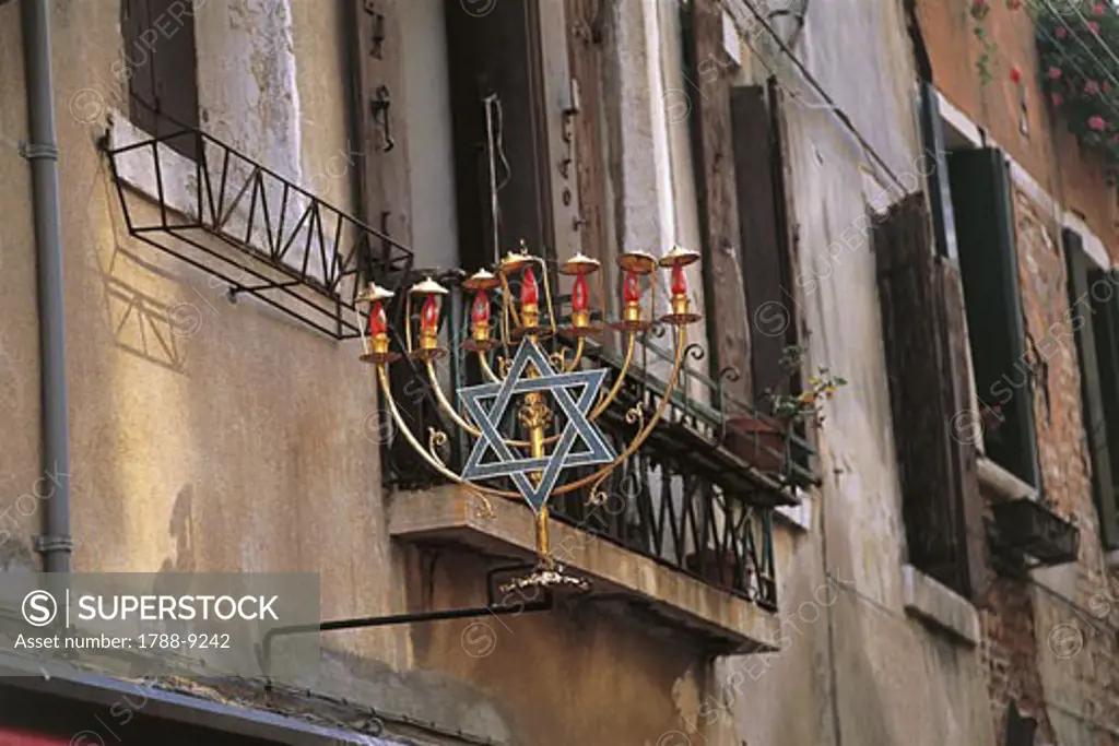 Low angle view of a jewish symbol in a ghetto, Venice, Veneto, Italy