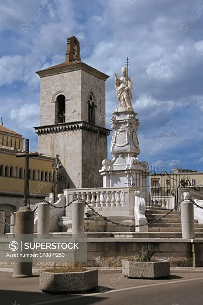 Fountain in front of a cathedral, Fountain of Chains, Piazza Orsini, Benevento, Campania, Italy