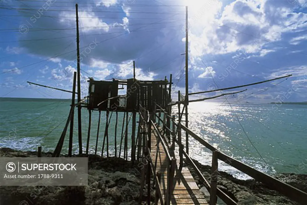 Fishing platform at the coast, Molinella Bay, Gargano National Park, Puglia, Italy