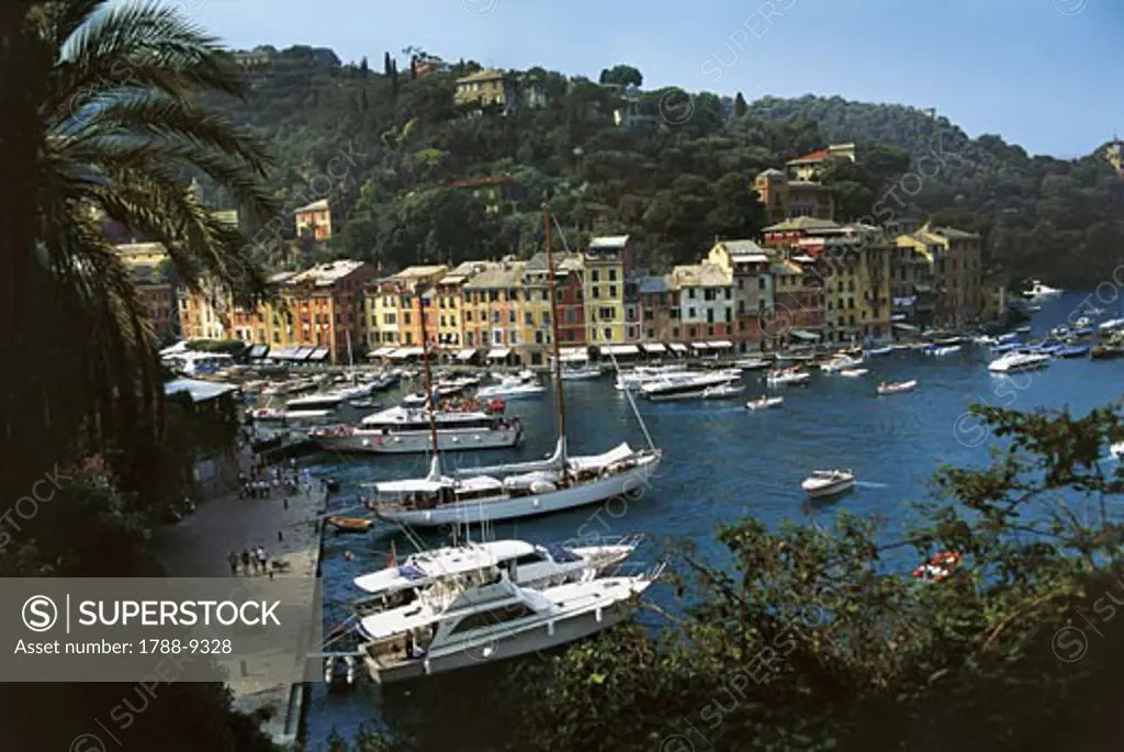 High angle view of boats moored at a port, Italian Riviera, Portofino, Liguria, Italy